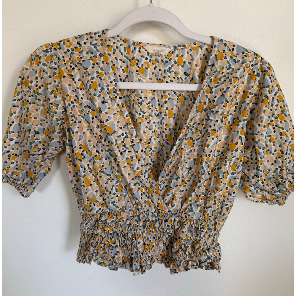 Sim & Sam Floral Print Smocked Crop Top Womens Medium‎ M Boho Yellow Blue